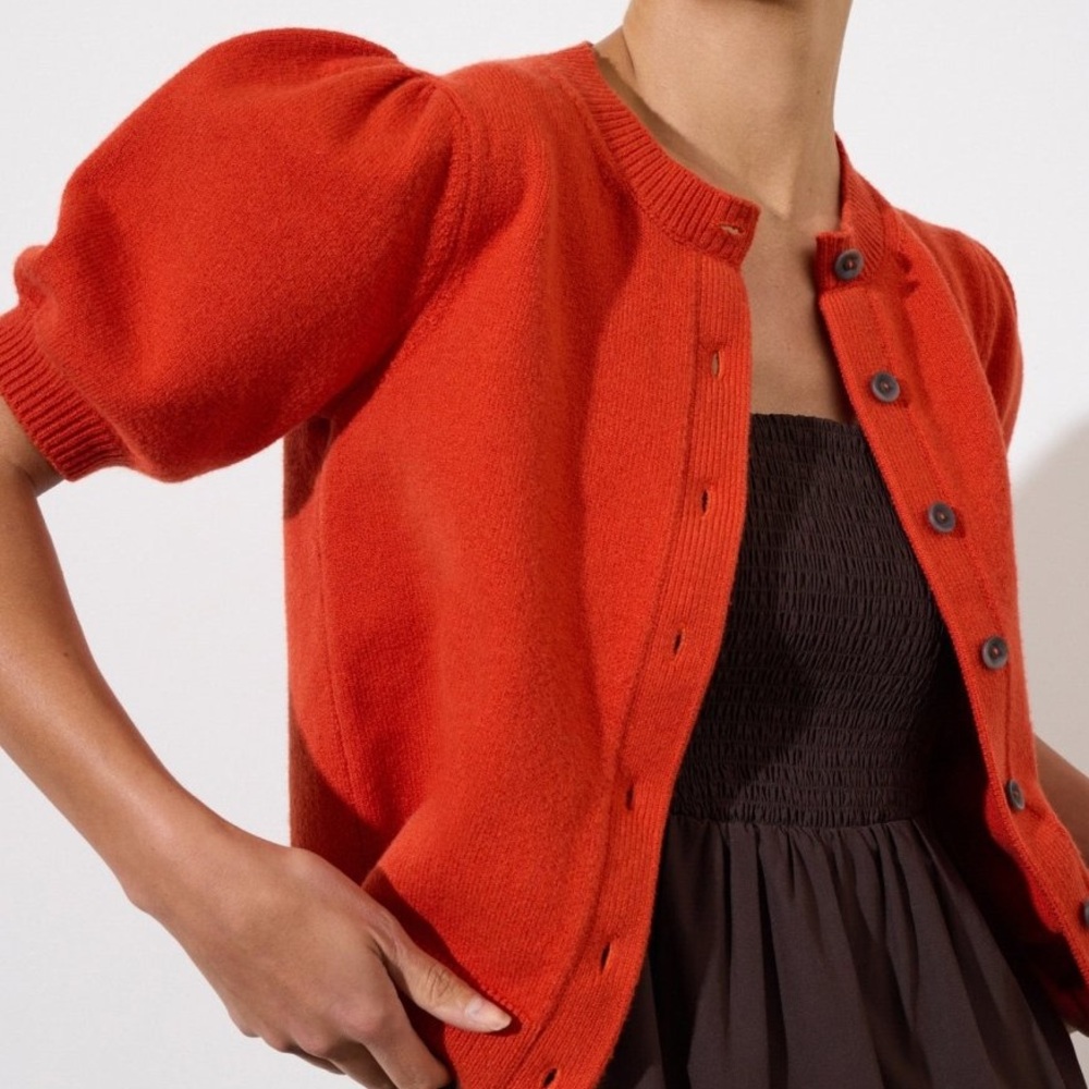 [NWOT] Marled Puff Sleeve Button-Front Knit Cardigan – Cherry Red (Never Worn) - Picture 2 of 9